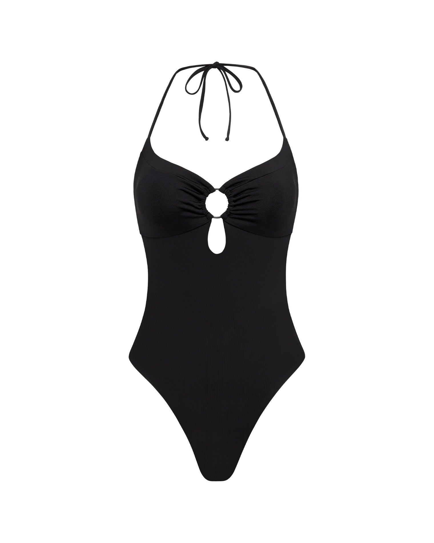 Black one-piece swimsuit with a unique design on a white background