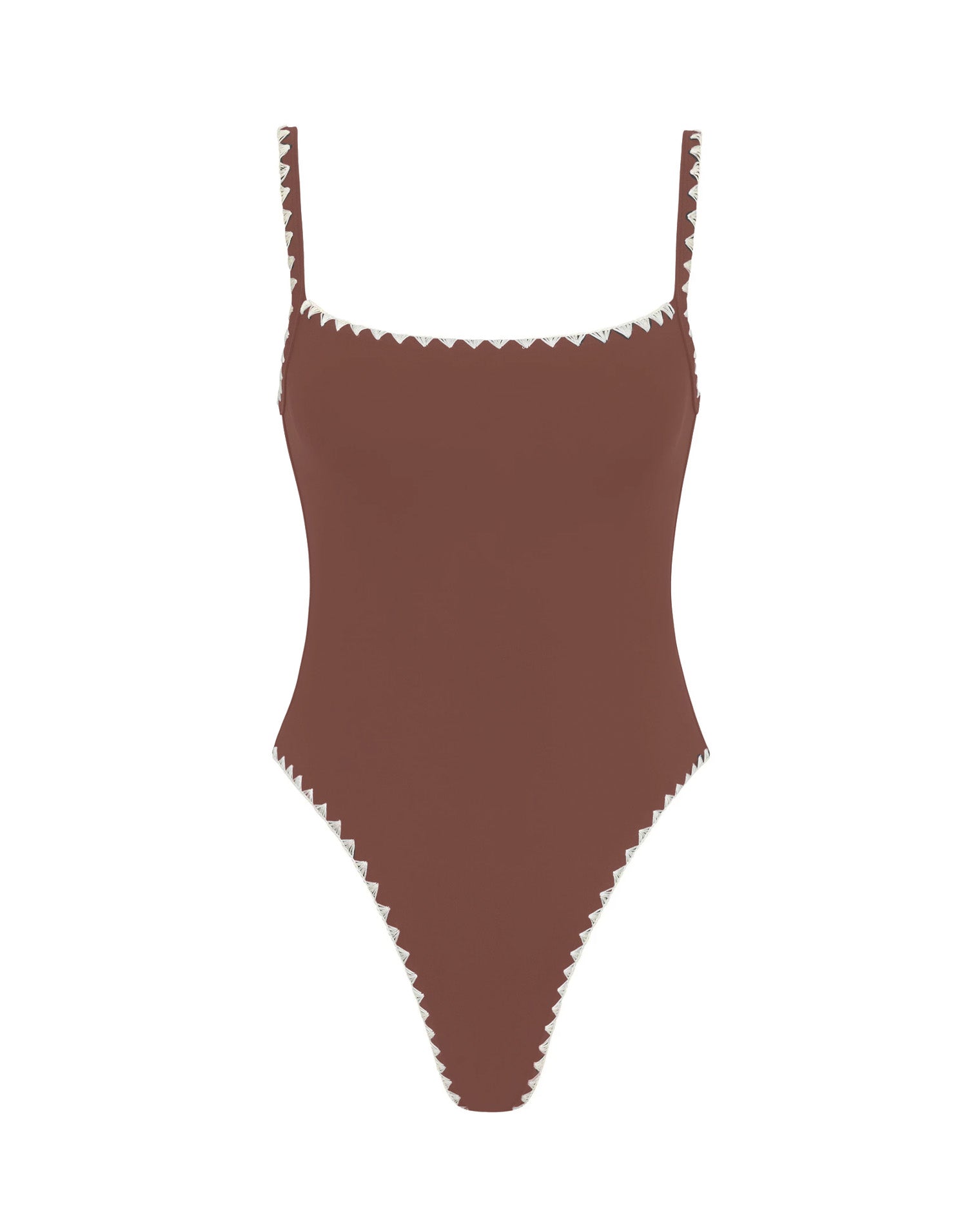 Brown swimsuit with white trim on a white background