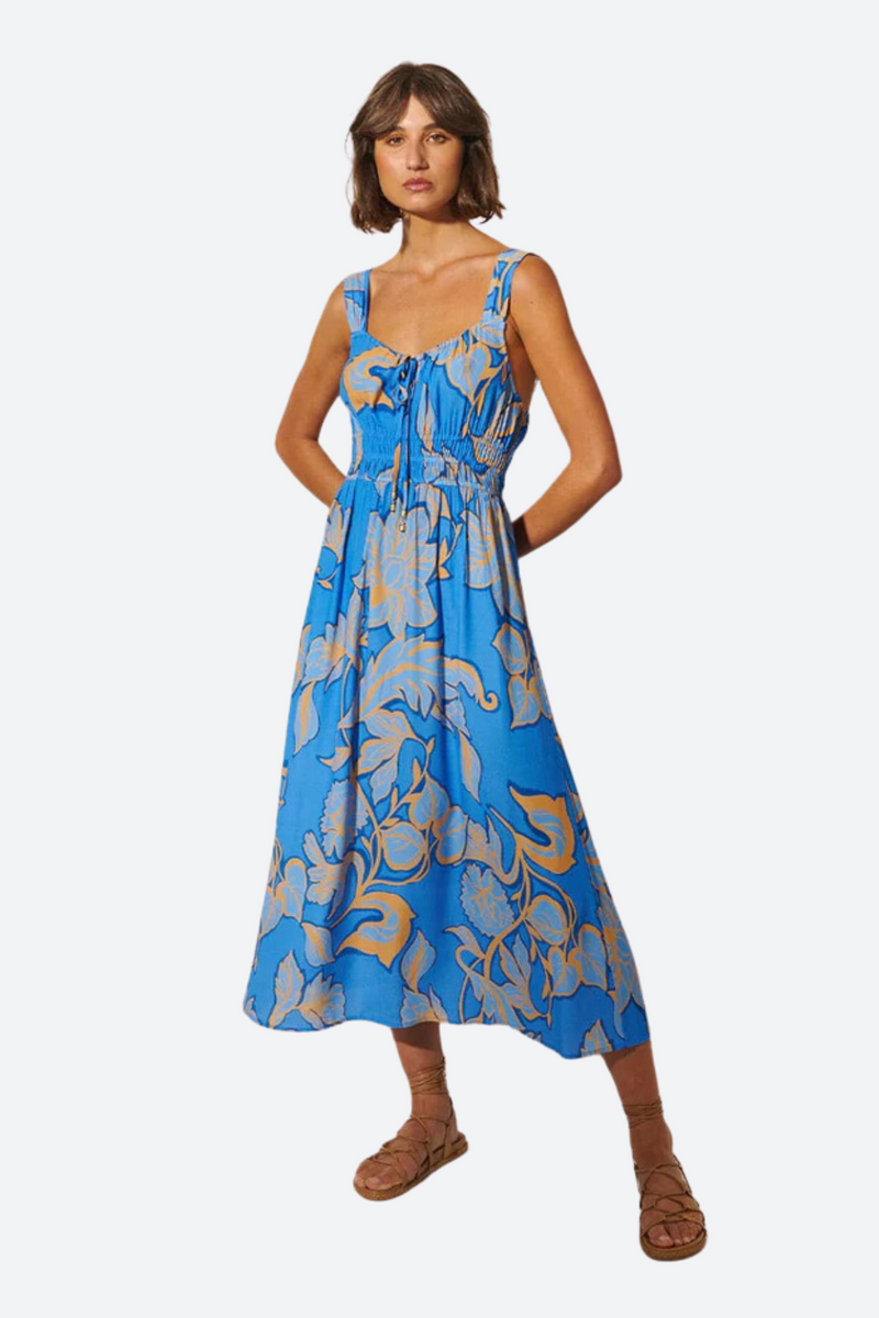 Kivari Taniana Strappy Midi Dress in Blue Floral