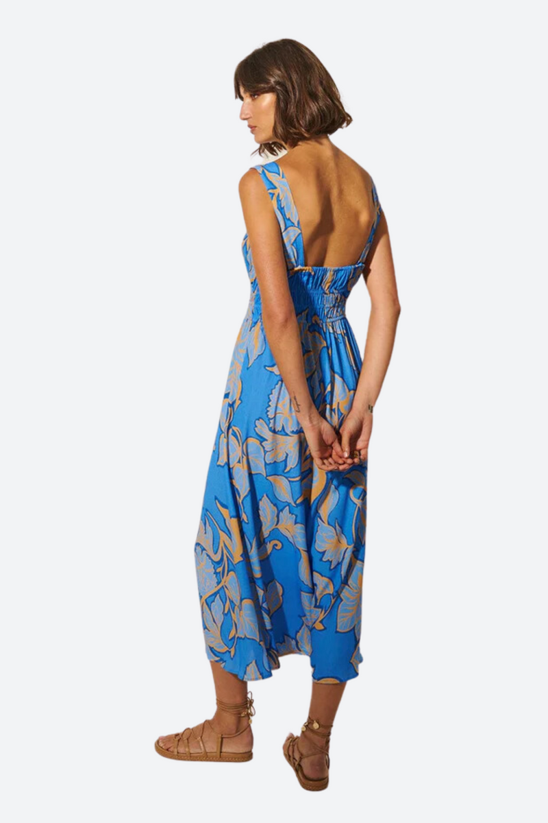 Kivari Taniana Strappy Midi Dress in Blue Floral