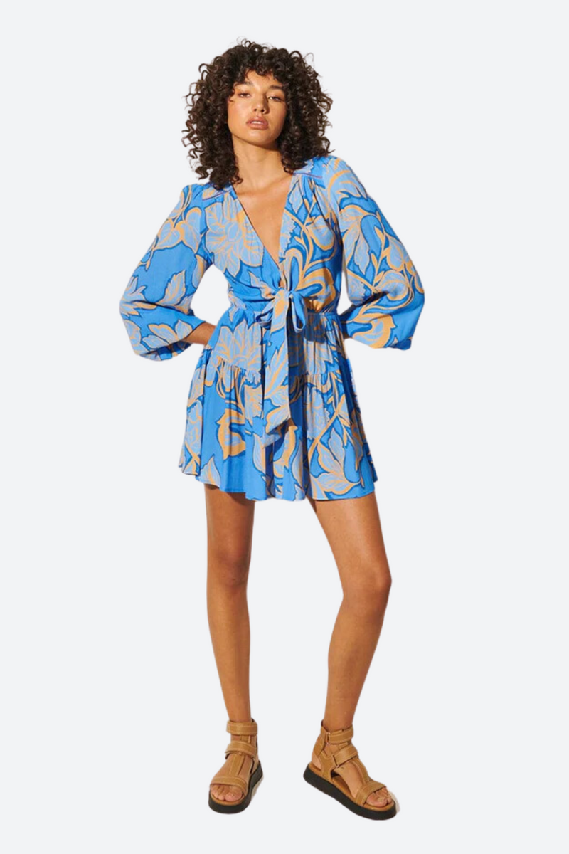 Kivari Taniana Tie Front Mini Dress in Blue Floral