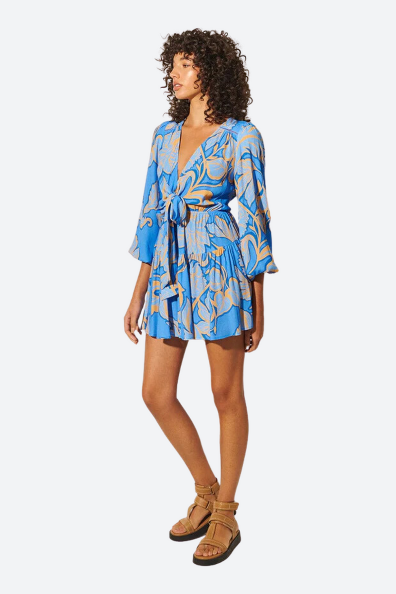 Kivari Taniana Tie Front Mini Dress in Blue Floral