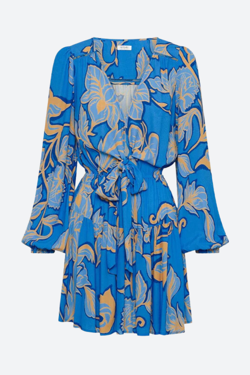 Kivari Taniana Tie Front Mini Dress in Blue Floral