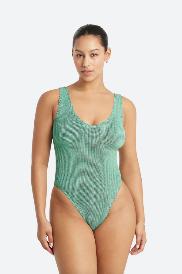 Bound by Bond-Eye Mara One Piece in Aqua Lurex